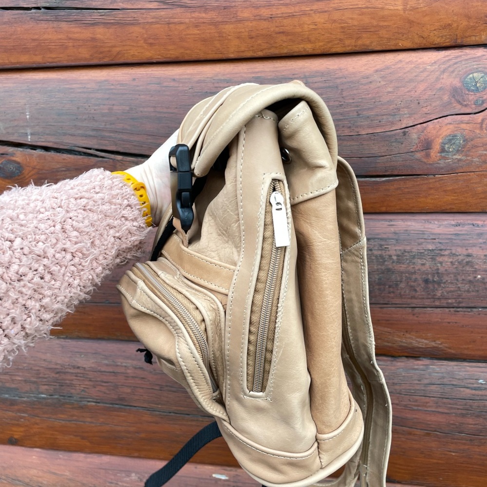 Handmade Bohemian Festival Style Tan Authentic Leather Mini Backpack - Picture 9 of 11